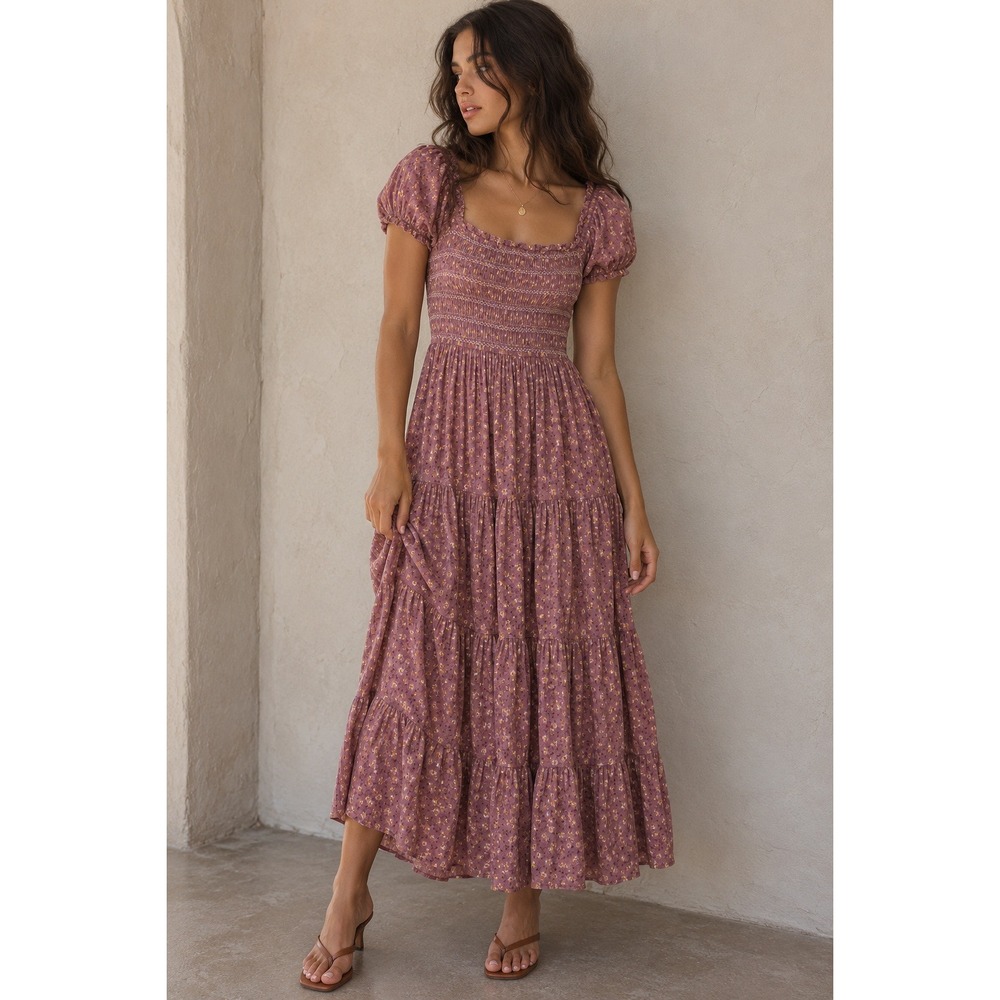 Storia Floral Smocked Bodice Tiered Maxi Dress Mauve Pink Puff Sleeve Small